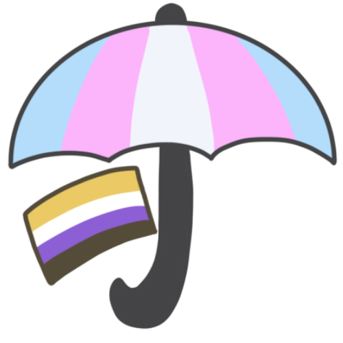 An umbrella with the trans flag colours — blue, pink, white, pink, blue — and a black handle. Underneath the umbrella is a non-binary flag — it has 4 strips, from top to bottom; yellow, white, purple, black.